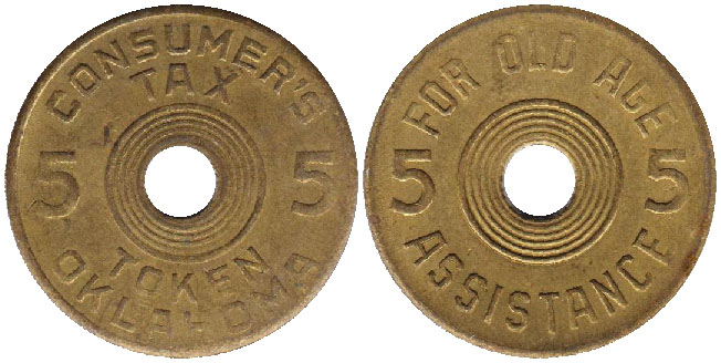 Tax Token Oklahoma Brass Old Age Five